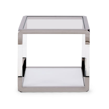 Jasper Side Table in Acrylic, White Glass and Polished Stainless Steel