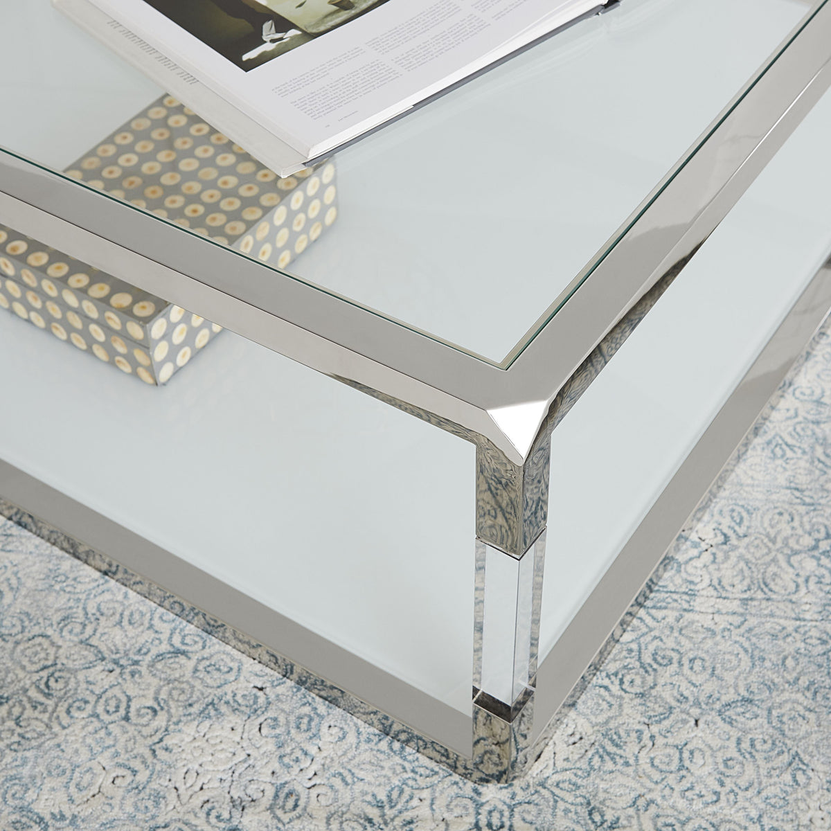 Jasper Side Table in Acrylic, White Glass and Polished Stainless Steel