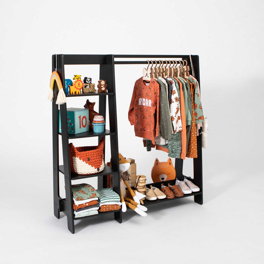 Children's A-frame wardrobe with shelves - black plywood