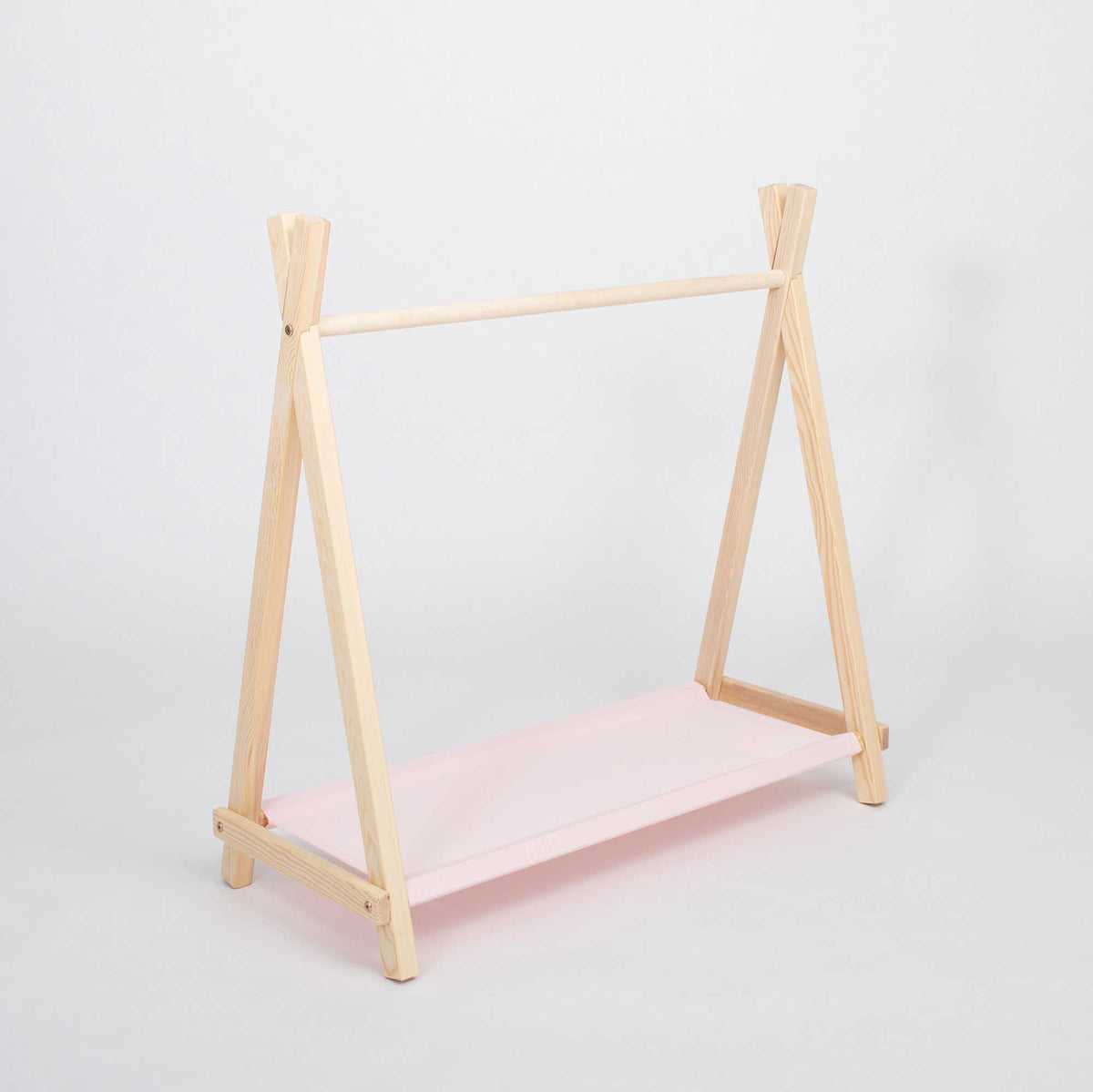 Kids' teepee clothing rack with storage - birch wood & pink